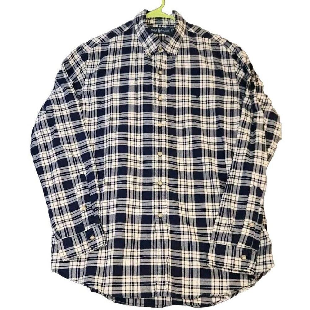 Vintage Ralph Lauren Mens Shirt Blue Ivory‎ Stripe Button Down Heavyweight Sz XL